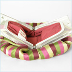 Colorful, striped satin evening bag with clear lucite frame 