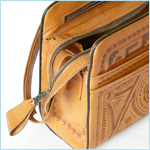 tooled, tan leather handbag