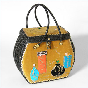 Perfumes and travel theme wicker and velvet box bag