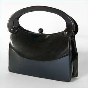 Glossy, black patent leather handbag