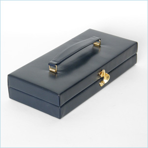 midnight blue leather box bag with brass “window latch